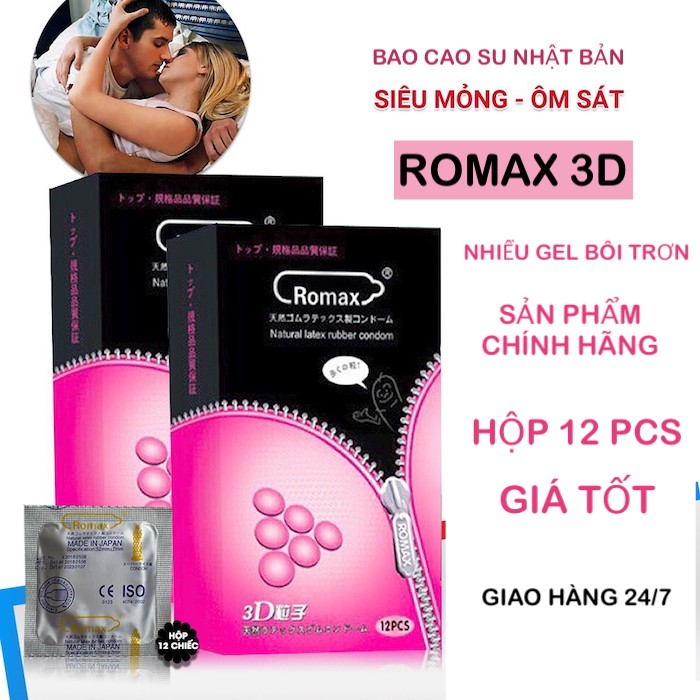 Bao cao su Romax 3D siêu mỏng gân gai khoá kéo hộp 12 cái an toàn Bao cao su Romax 3D siêu mỏng gân gai khoá kéo hộp 12 cái an toàn